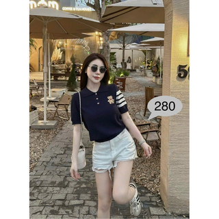 LT - Áo len cổ bẻ polo cộc tay len tổ ong mềm mát hình hoạ tiết gấu thêu sọc tay mã 950