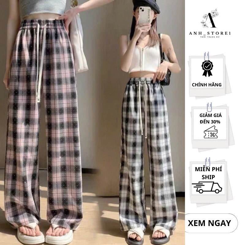 Quần Ống Rộng Kẻ Caro Đính Đá Siêu Hot Chất Vải Thô Mềm Mại Thoáng Mát
