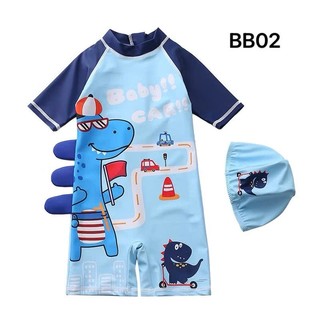 BK32 Đồ bơi liền thân cho bé trai kèm mũ hoạ tiết khủng long 3 sừng, đồ bơi liền thân cho bé trai