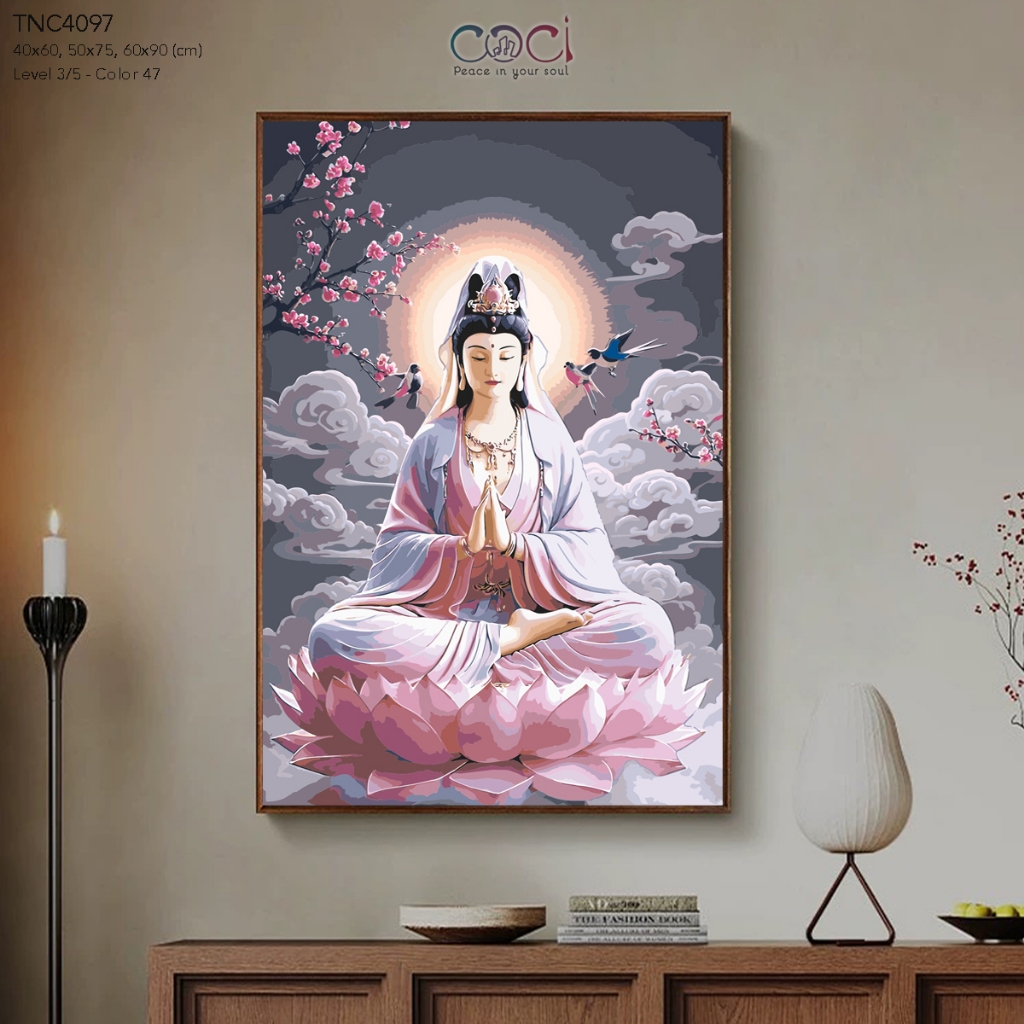 Tranh Tô Màu Theo Số Quan Thế Âm Bồ Tát Phật Giáo COCI Có Khung Khổ Lớn Decor Làm Quà Tặng TNC4097