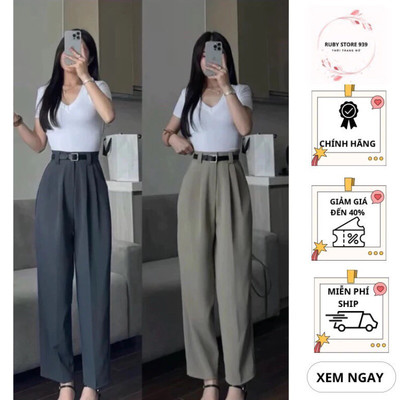 Quần Baggy Công Sở Nữ Lưng Cạp Cao (Chất Gold Nhật) Mềm Mịn Dáng Thụng Dài 92-93cm