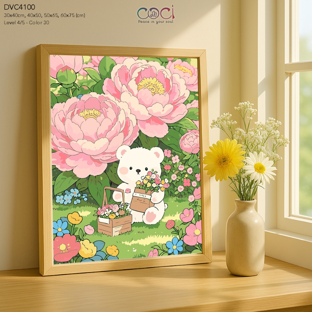 Tranh Tô Màu Theo Số Số Chữa Lành Gấu Trắng Và Hoa COCI Tô Màu Theo Số Có Khung Decor DVC4100