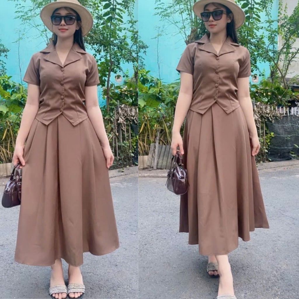 Set Chân Váy Xếp Li Dáng Dài - Áo Tay Ngắn Bigsize ESHOP Set Váy Dài Có Túi Áo Xinh Thiết Kế A395