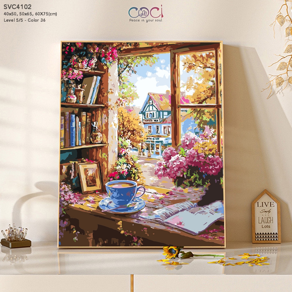 Tranh Tô Màu Số Hoá Phong Cảnh Chữa Lành Ô Cửa Sổ Mùa Thu COCI Ly Cà Phê Buổi Sáng SVC4102