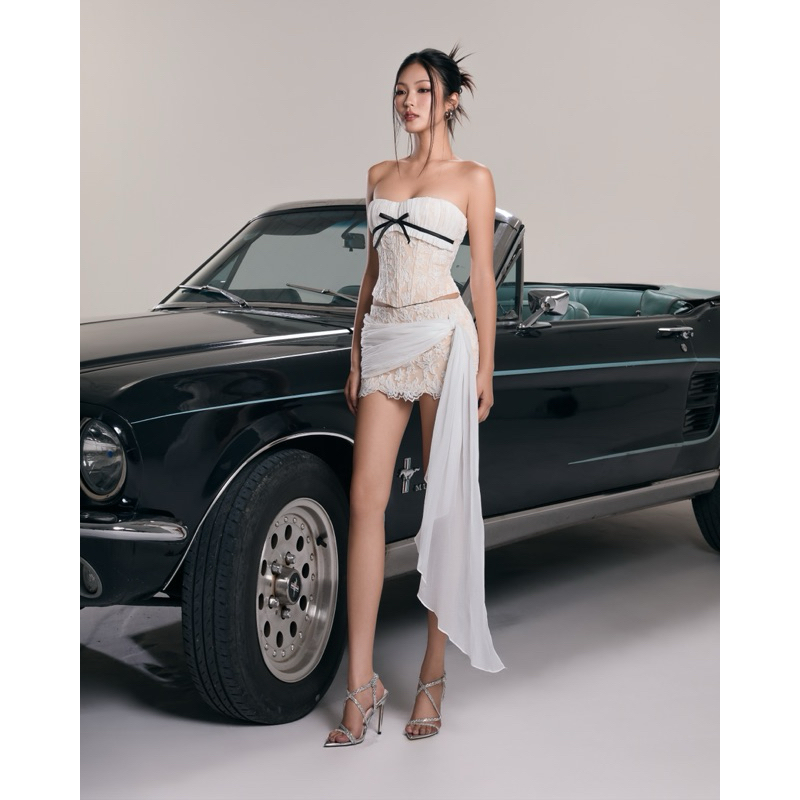 MIMI SET - Set áo ren cúp ngực corset đính nơ phối chân váy ren tà dài sang trọng.