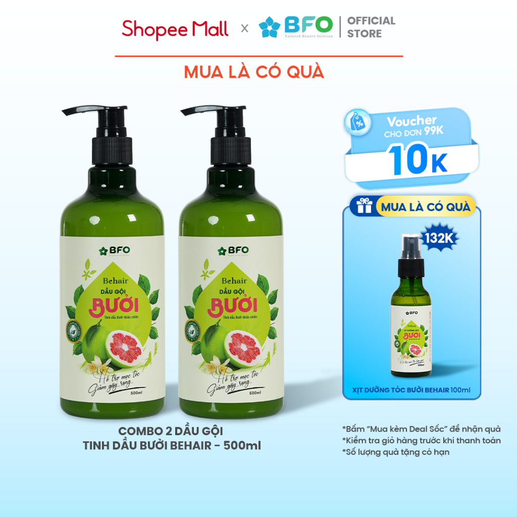Ảnh Combo 2 Dầu Gội Tinh Dầu Bưởi Mọc Tóc Phục Hồi Tóc BFO Behair 500ml 1
