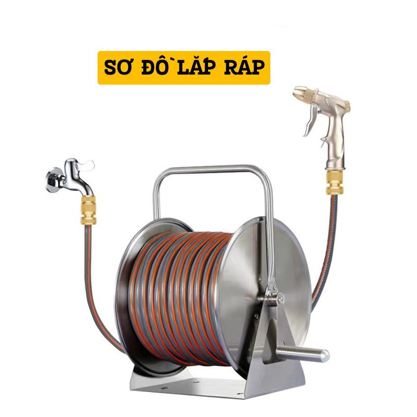 Bộ khung Rulo inox đế bản treo tường cuộn dây ống nước với cút nối đồng ...