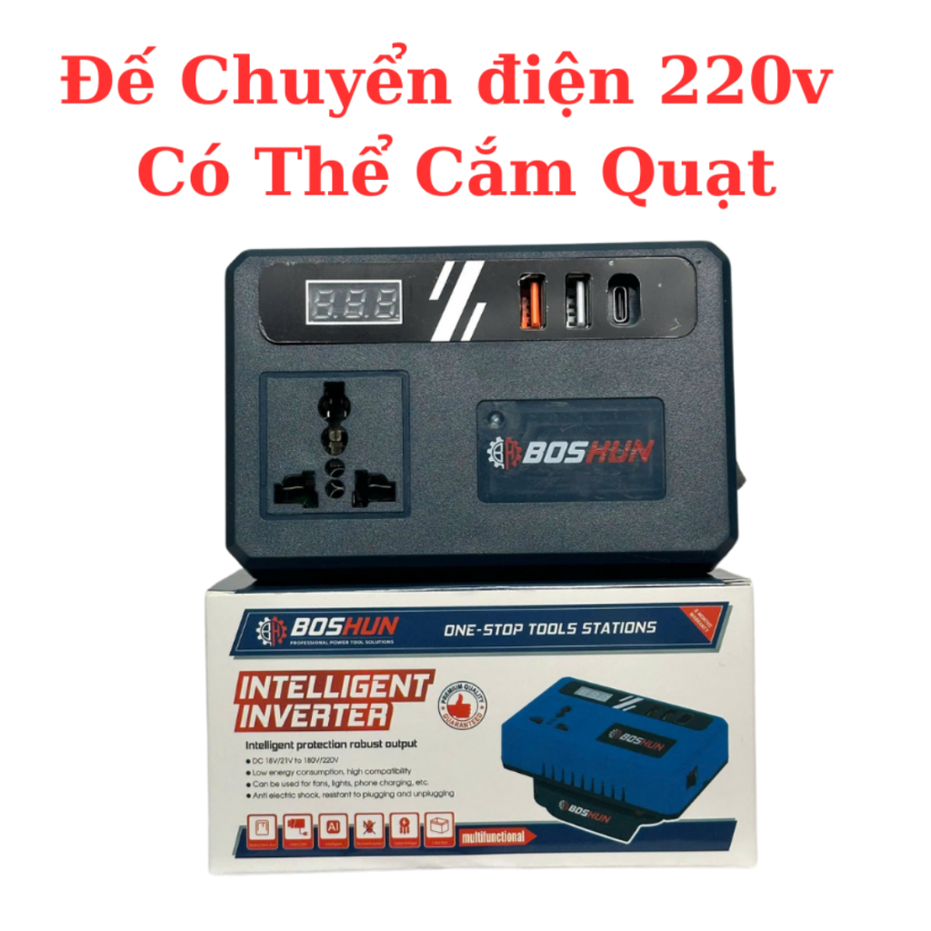 Combo Quạt Pin 20cell Và Đế Chuyển Nguồn Boshun Có Thể Cắm Được Quạt 220v Chân Pin Phổ Thông 4cm