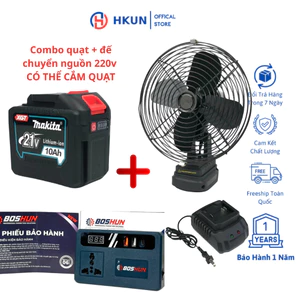 Combo Quạt Pin 20cell Và Đế Chuyển Nguồn Boshun Có Thể Cắm Được Quạt 220v Chân Pin Phổ Thông 4cm