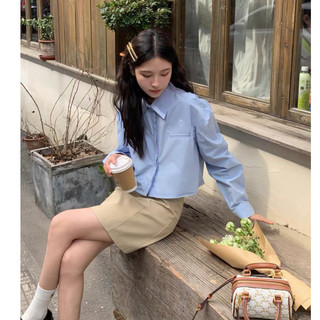Áo sơ mi croptop nữ Forgirl sơ mi dáng ngắn cổ đức tay dài túi giả FG046