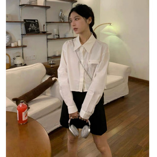 Áo sơ mi croptop nữ Forgirl sơ mi dáng ngắn cổ đức tay dài túi giả FG046