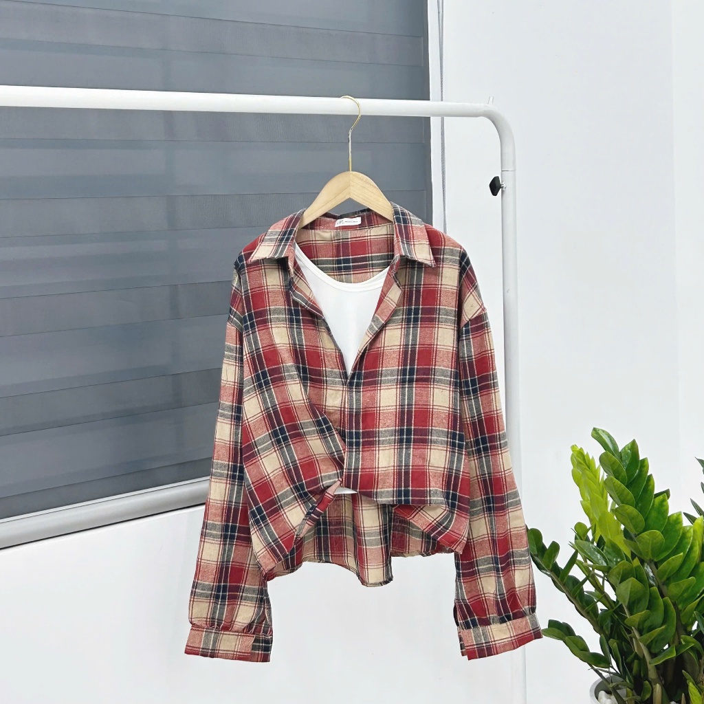 Áo Sơ Mi Nữ Caro Kiểu Soắn Lai Chéo Chất Vải Nỉ Bông Mềm Mịn Có Kèm Áo Balỗ Xinh Freesize