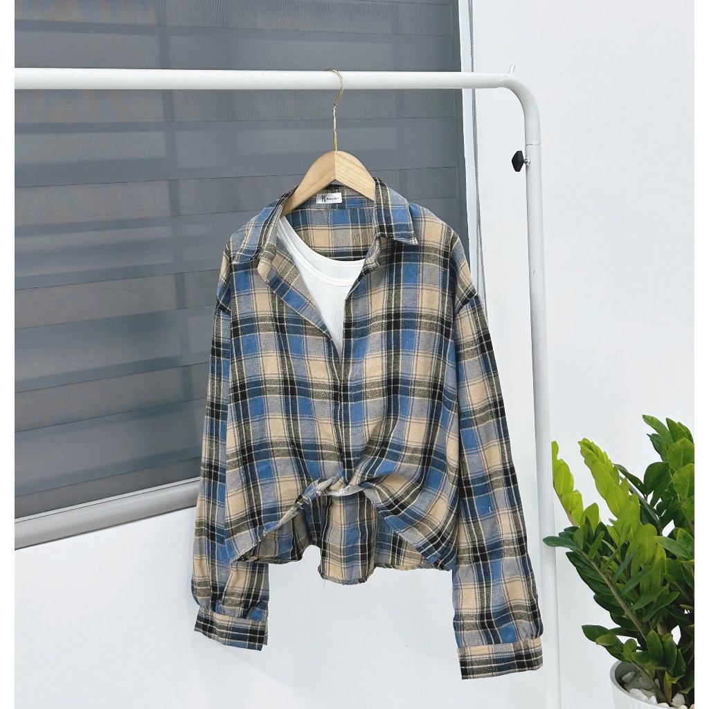 Áo Sơ Mi Nữ Caro Kiểu Soắn Lai Chéo Chất Vải Nỉ Bông Mềm Mịn Có Kèm Áo Balỗ Xinh Freesize
