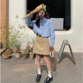 Áo sơ mi croptop nữ Forgirl sơ mi dáng ngắn cổ đức tay dài túi giả FG046