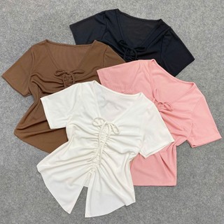 Áo Thun Kiểu Nữ Bigsize Áo Croptop Dây Rút Tôn Vòng 1 Vải Gân Tăm Mềm Mát Cho Chubby G42