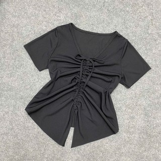 Áo Thun Kiểu Nữ Bigsize Áo Croptop Dây Rút Tôn Vòng 1 Vải Gân Tăm Mềm Mát Cho Chubby G42