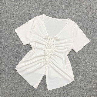 Áo Thun Kiểu Nữ Bigsize Áo Croptop Dây Rút Tôn Vòng 1 Vải Gân Tăm Mềm Mát Cho Chubby G42