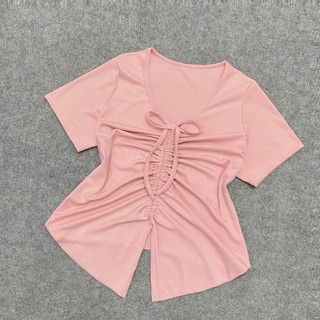 Áo Thun Kiểu Nữ Bigsize Áo Croptop Dây Rút Tôn Vòng 1 Vải Gân Tăm Mềm Mát Cho Chubby G42