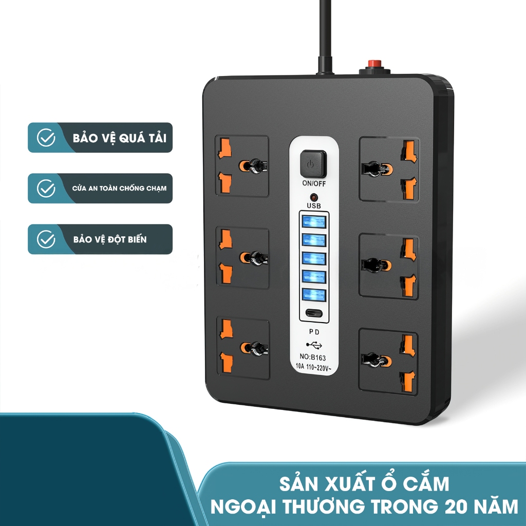 Ổ điện đa năng chính hãng WANDA 6 ổ 5 cổng USB 5V-2A, 1 cổng tyeC sạc nhanh PD,Chịu tải 2500W