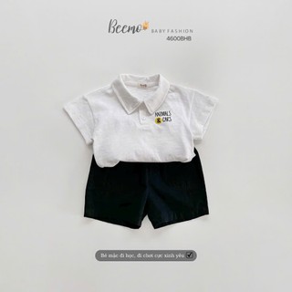 Bộ cotton xước cổ đức phối quần kaki bé trai, bộ thun áo trắng in hoạ tiết cộc tay quần kaki bé trai