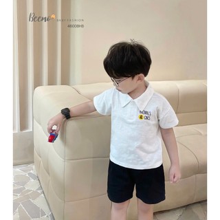 Bộ cotton xước cổ đức phối quần kaki bé trai, bộ thun áo trắng in hoạ tiết cộc tay quần kaki bé trai