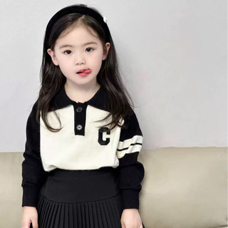 (order quảng châu) áo len dài tay polo phối chân váy đen xếp li cho bé gái