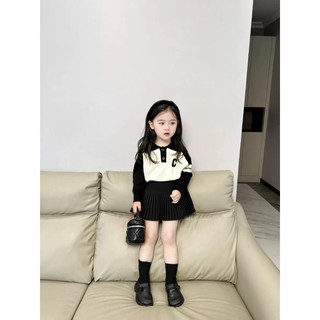 (order quảng châu) áo len dài tay polo phối chân váy đen xếp li cho bé gái
