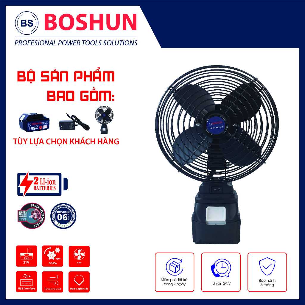 Quạt Tích Điện BOSHUN 8inch – Quay Được, 2 Tốc Độ – Lồng Sắt – Quạt Cho Trẻ Nhỏ, Quạt Để Bàn Cho Bé, Đi Chợ, Đi dã ngoại