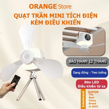 Quạt Trần tích điện mini có ĐIỀU KHIỂN TỪ XA kèm Đèn LED và chân cố định quạt, Dạng đứng hoặc treo trần tùy ý