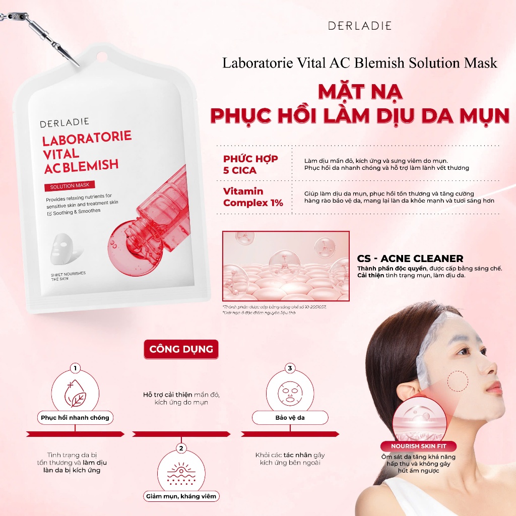 Ảnh Combo 10 Mặt Nạ Hỗ Trợ Phục Hồi Làm Dịu Da Mụn DERLADIE LABORATORIE VITAL  ACBLEMISH SOLUTION MASK 30mlx10 4