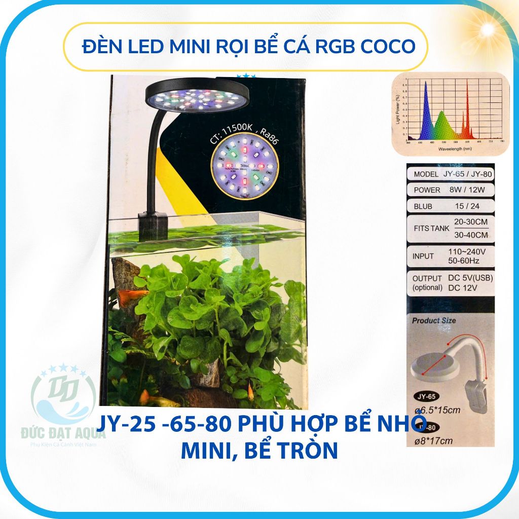Đèn led mini rọi bể cá RGB Coco JY-25 -65-80 Phù hợp bể nhỏ mini, bể tròn ánh sáng đẹp 2