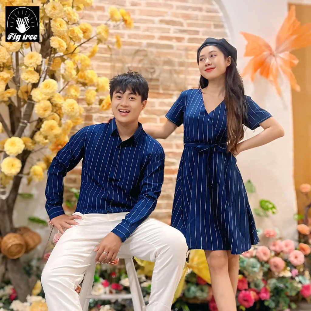 Set Sơ Mi Váy Đôi Fig Tree Sọc Xanh Siêu Xinh, Chất Cotton, Hàng Thiết Kế Có Size, Mã 145A