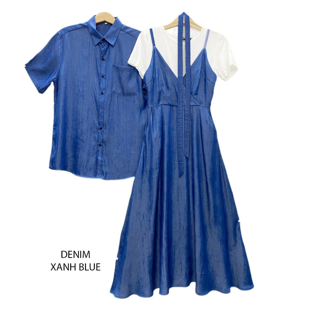 Combo Sơ Mi Váy Đôi Fig Tree Mẫu Denim, Màu Xanh Blue Mềm Mát,Siêu Xinh Mã 184