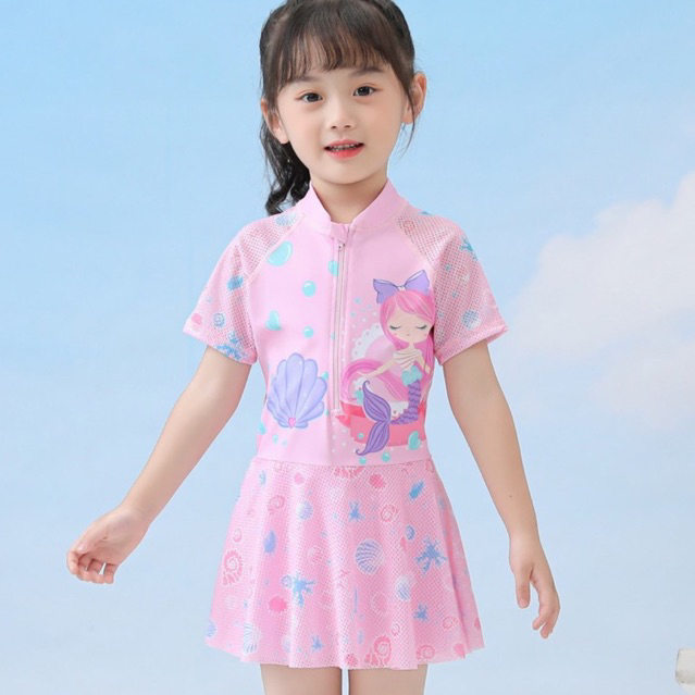 Đồ bơi cho bé gái phối vải lưới cách điệu thoáng khí, đồ bơi bé gái liền thân sz 10-35kg