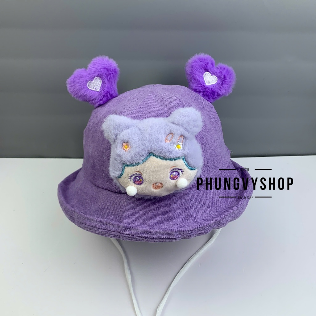 Bé 2-3 Tuổi_Mũ bucket tai bèo vành trai gái trẻ em phungvyshop-nón /Bo nhỡ nhung LẬT BÚP BÊ TAI TIM /