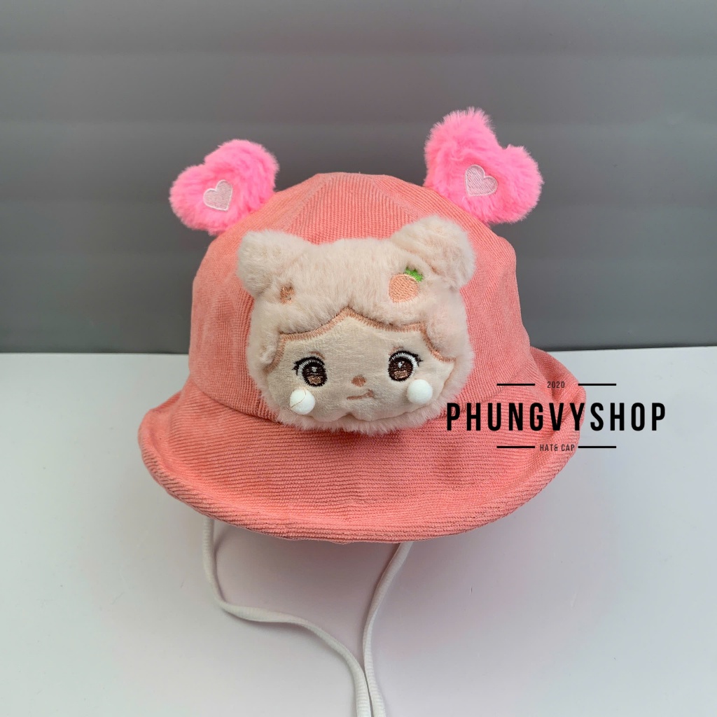 Bé 2-3 Tuổi_Mũ bucket tai bèo vành trai gái trẻ em phungvyshop-nón /Bo nhỡ nhung LẬT BÚP BÊ TAI TIM /