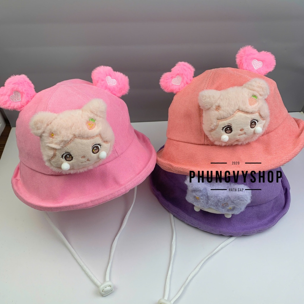 Bé 2-3 Tuổi_Mũ bucket tai bèo vành trai gái trẻ em phungvyshop-nón /Bo nhỡ nhung LẬT BÚP BÊ TAI TIM /