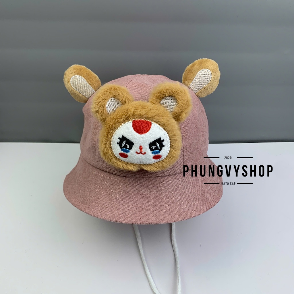 Bé Dưới 2 Tuổi/Vđ 48cm_Mũ bucket nhung tai bèo vành trai gái trẻ em phungvyshop-nón / BO nhí BABYTHREE NHÍ MẶT NÂU BB3 /