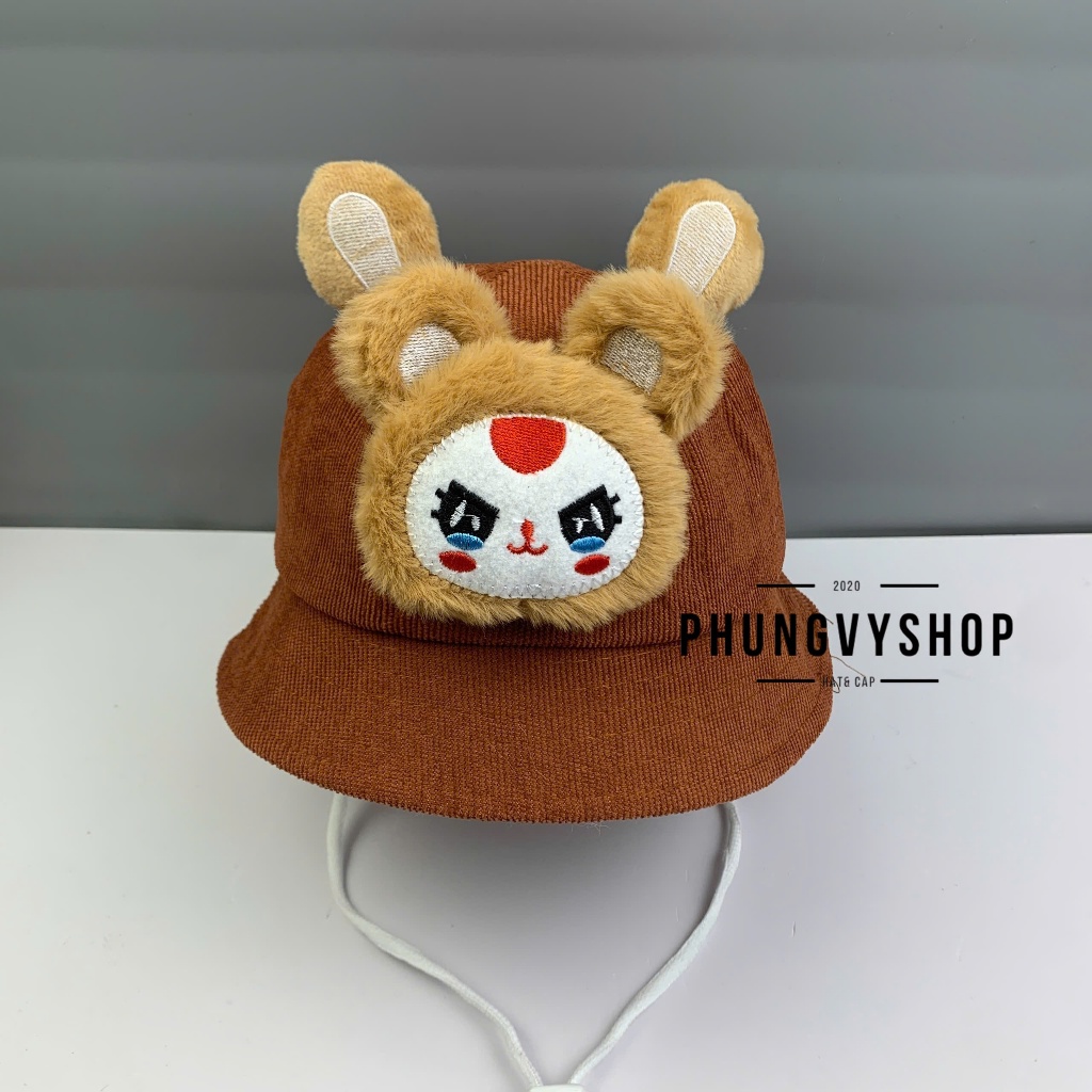 Bé Dưới 2 Tuổi/Vđ 48cm_Mũ bucket nhung tai bèo vành trai gái trẻ em phungvyshop-nón / BO nhí BABYTHREE NHÍ MẶT NÂU BB3 /