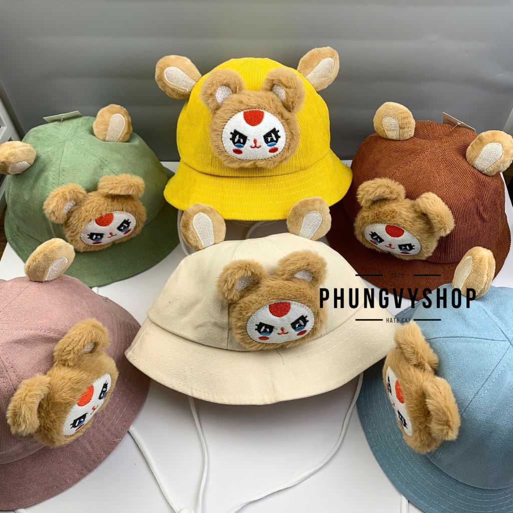 Bé Dưới 2 Tuổi/Vđ 48cm_Mũ bucket nhung tai bèo vành trai gái trẻ em phungvyshop-nón / BO nhí BABYTHREE NHÍ MẶT NÂU BB3 /