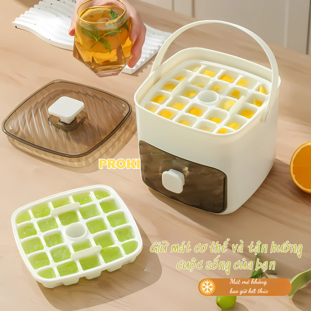 Hộp Làm Đá Lạnh 2 Tầng Di Động Proki Khay Đá Có Nắp Đậy Lấy Đá Siêu Nhanh, Chất Liệu PP Cao Cấp