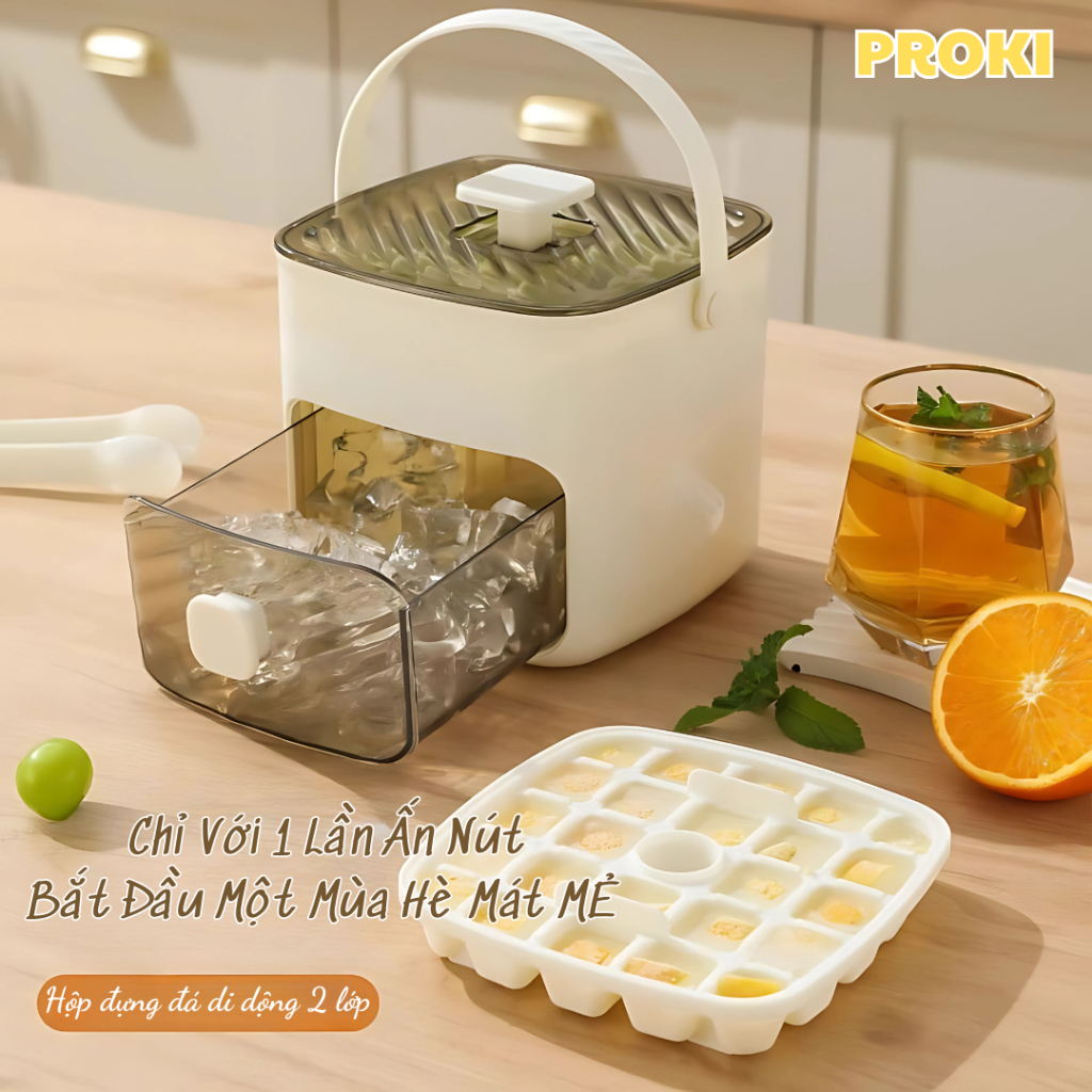 Hộp Làm Đá Lạnh 2 Tầng Di Động Proki Khay Đá Có Nắp Đậy Lấy Đá Siêu Nhanh, Chất Liệu PP Cao Cấp