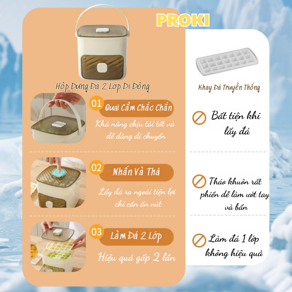 Hộp Làm Đá Lạnh 2 Tầng Di Động Proki Khay Đá Có Nắp Đậy Lấy Đá Siêu Nhanh, Chất Liệu PP Cao Cấp