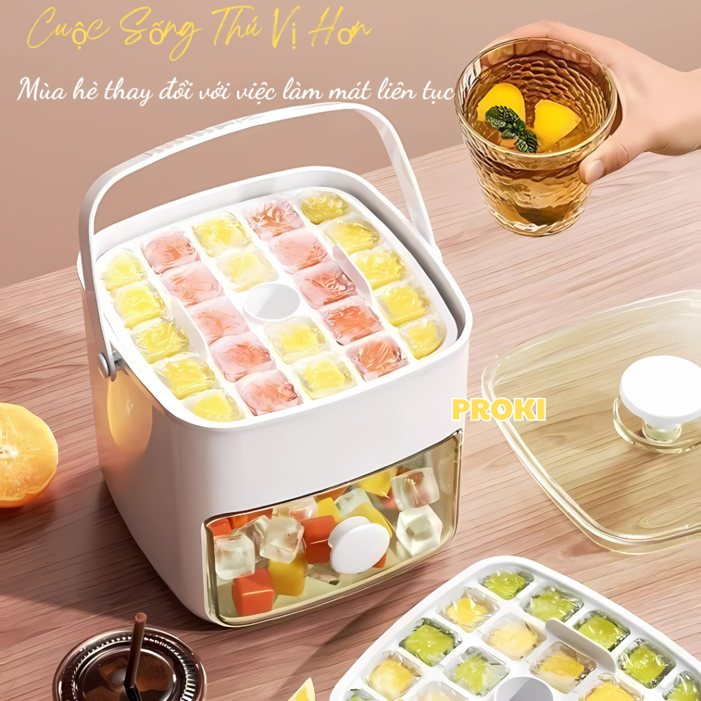 Hộp Làm Đá Lạnh 2 Tầng Di Động Proki Khay Đá Có Nắp Đậy Lấy Đá Siêu Nhanh, Chất Liệu PP Cao Cấp