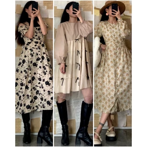 Đầm váy vintage dáng dài hoạ tiết hoa nhí hai lớp dày dặn, nhiều kiểu, được chọn mẫu