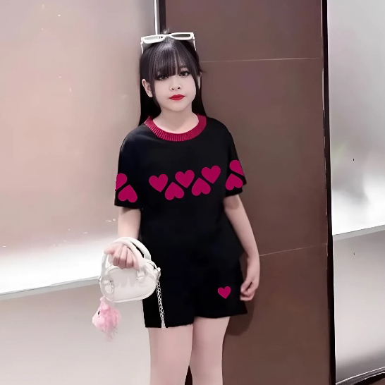 4-15 tuổi, Bộ quần áo cho bé gái in hình trái tim, chất vải cotton thấm hút mồ hôi thoải mái cho bé.M27