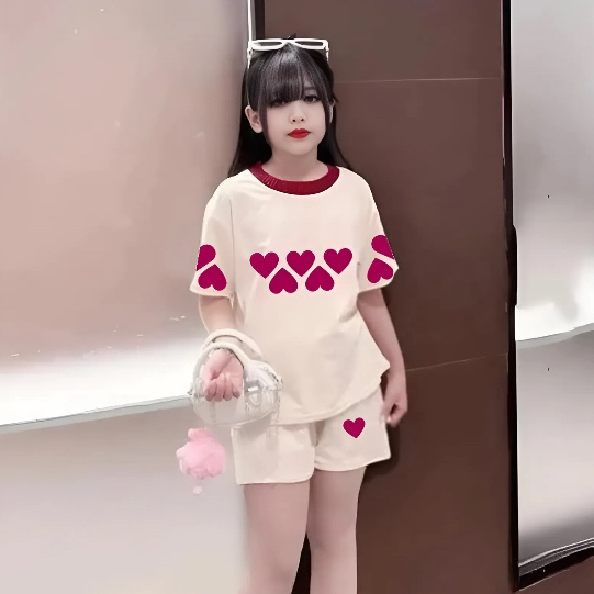 4-15 tuổi, Bộ quần áo cho bé gái in hình trái tim, chất vải cotton thấm hút mồ hôi thoải mái cho bé.M27