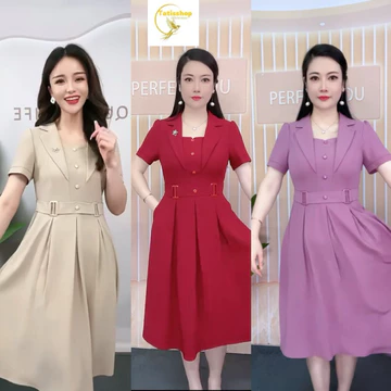 Đầm trung niên cho mẹ cổ VEST TATISSHOP sang trọng, Váy công sở chất vải Lụa Pháp - VEST