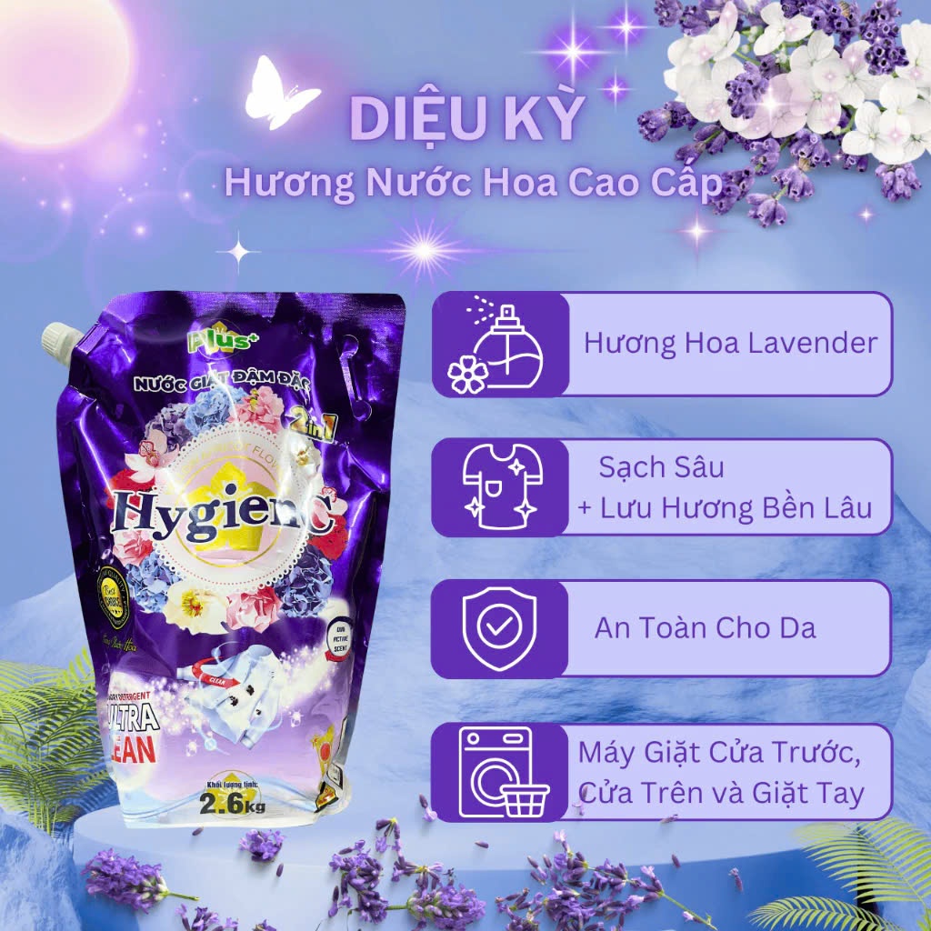 [NEW] Combo 2 Túi Nước Giặt HygienC Plus 2.6Kg/Túi Đậm Đặc Hương Nước Hoa - Sạch Vết Bẩn (6 Mùi Hương)