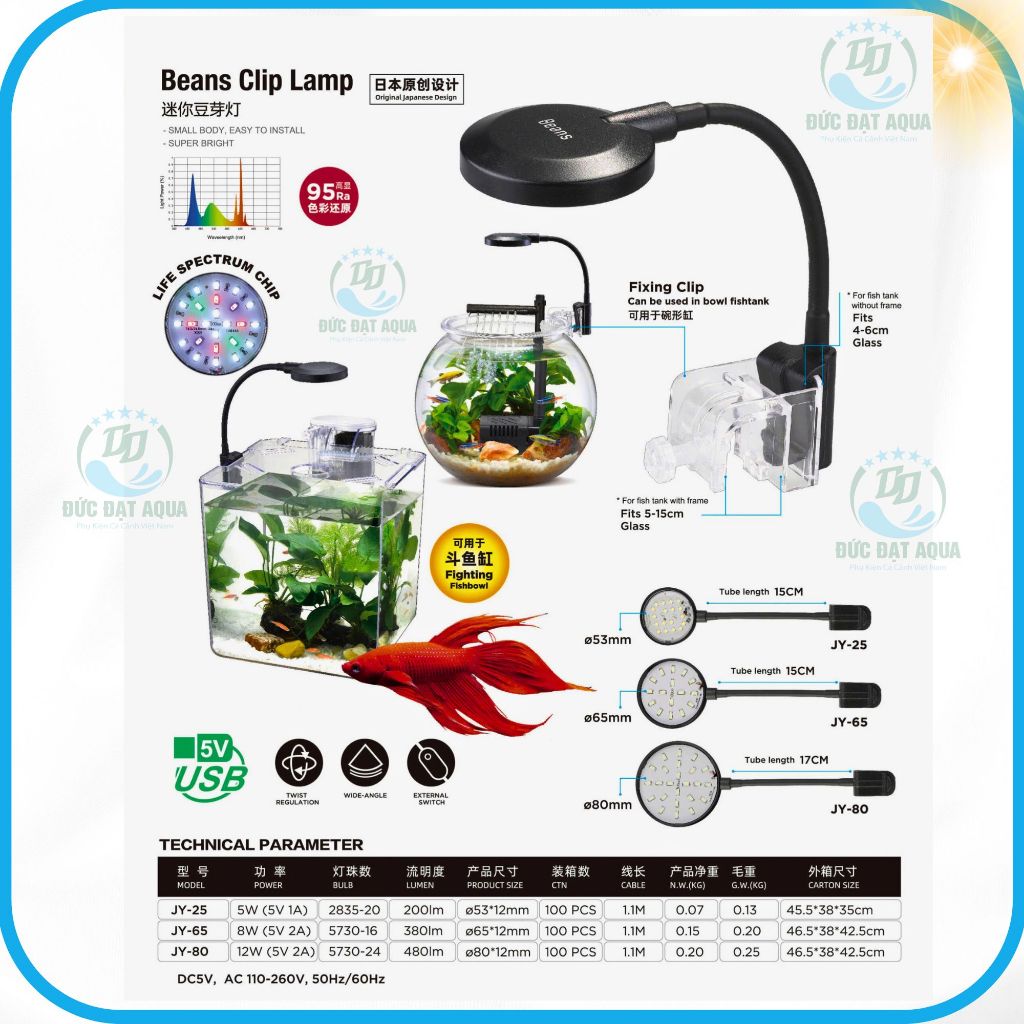 Đèn led mini rọi bể cá RGB Coco JY-25 -65-80 Phù hợp bể nhỏ mini, bể tròn ánh sáng đẹp